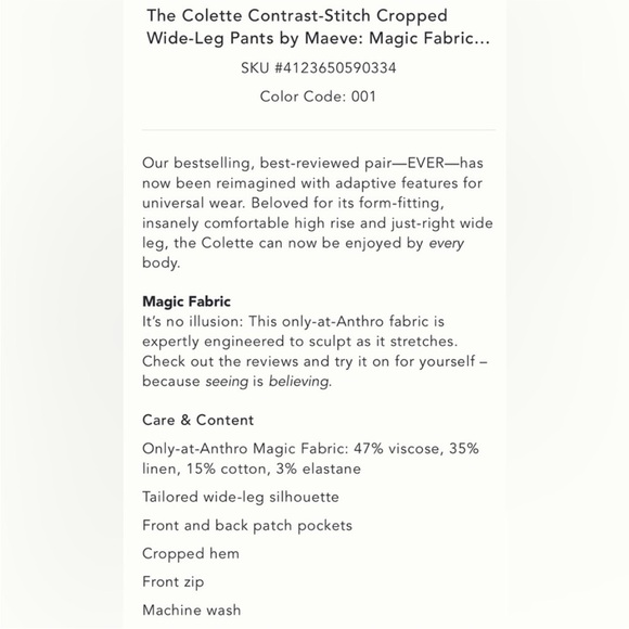 Anthropologie The Colette Contrast-Stitch Cropped Wide-Leg Pants Size 34 NWT - Picture 6 of 16